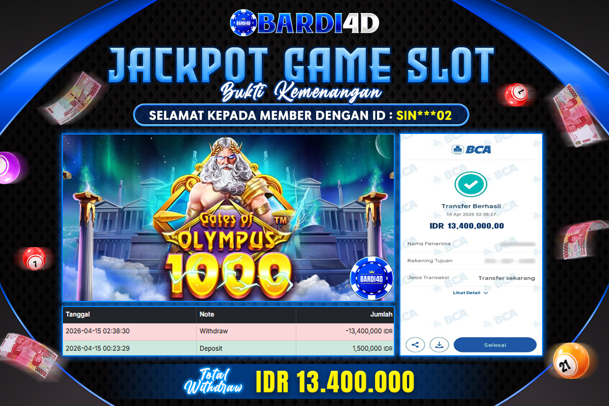 BARDI4D - BAYAR JACKPOT SLOT GATES OF OLYMPUS 1000 TOTAL RP.13.400.000 | DIBAYAR LUNAS