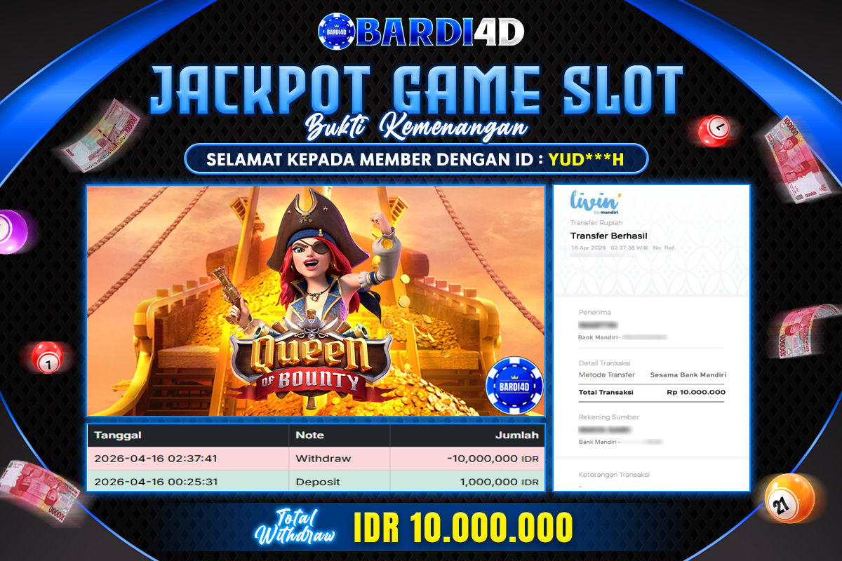 BARDI4D - BAYAR JACKPOT SLOT QUEEN OF BOUNTY TOTAL RP.10.000.000 | DIBAYAR LUNAS