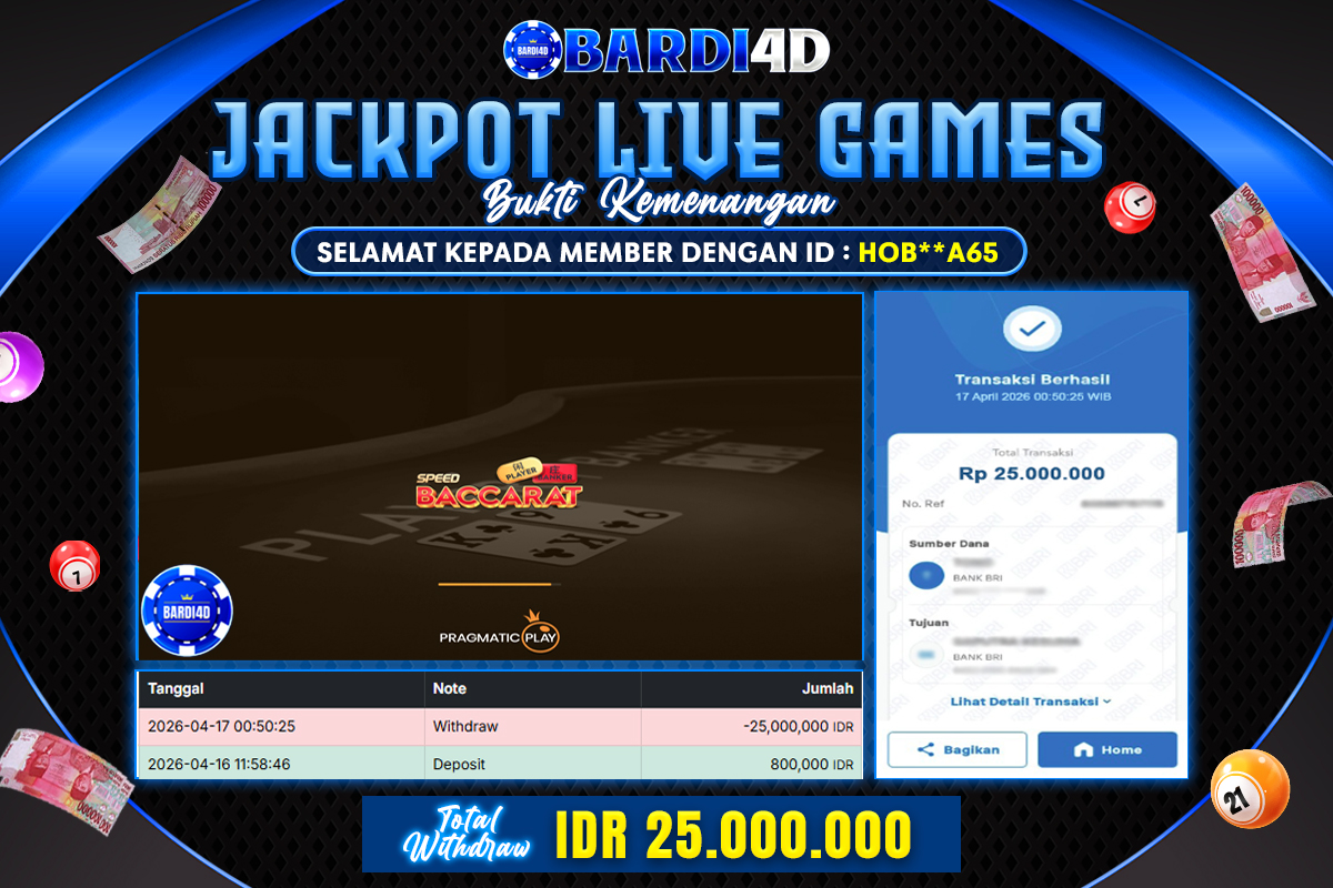 BARDI4D - BAYAR JACKPOT BACCARAT LIVE CASINO TOTAL RP.25.000.000 | DIBAYAR LUNAS