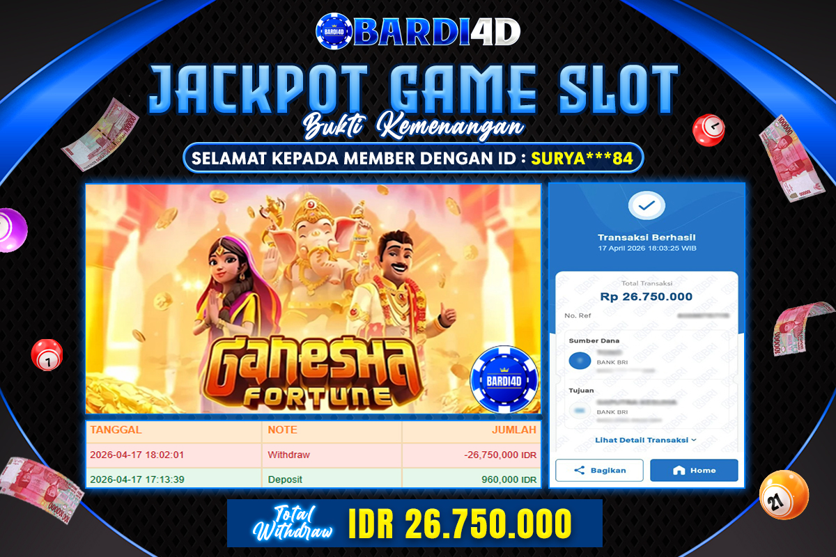 BARDI4D - BAYAR JACKPOT SLOT GANESHA FORTUNE TOTAL RP.26.750.000 | DIBAYAR LUNAS