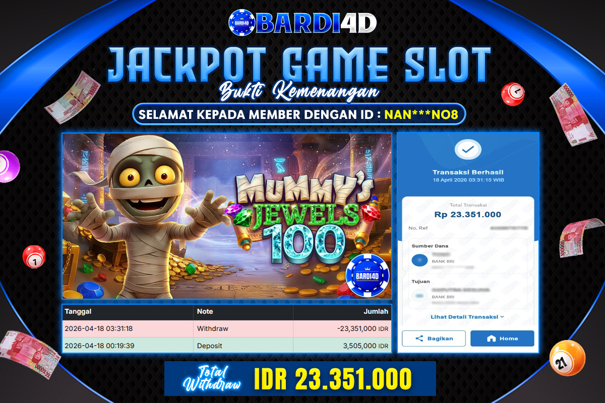 BARDI4D - BAYAR JACKPOT SLOT MUMMY'S JEWELS 100  TOTAL RP.23.351.000 | DIBAYAR LUNAS