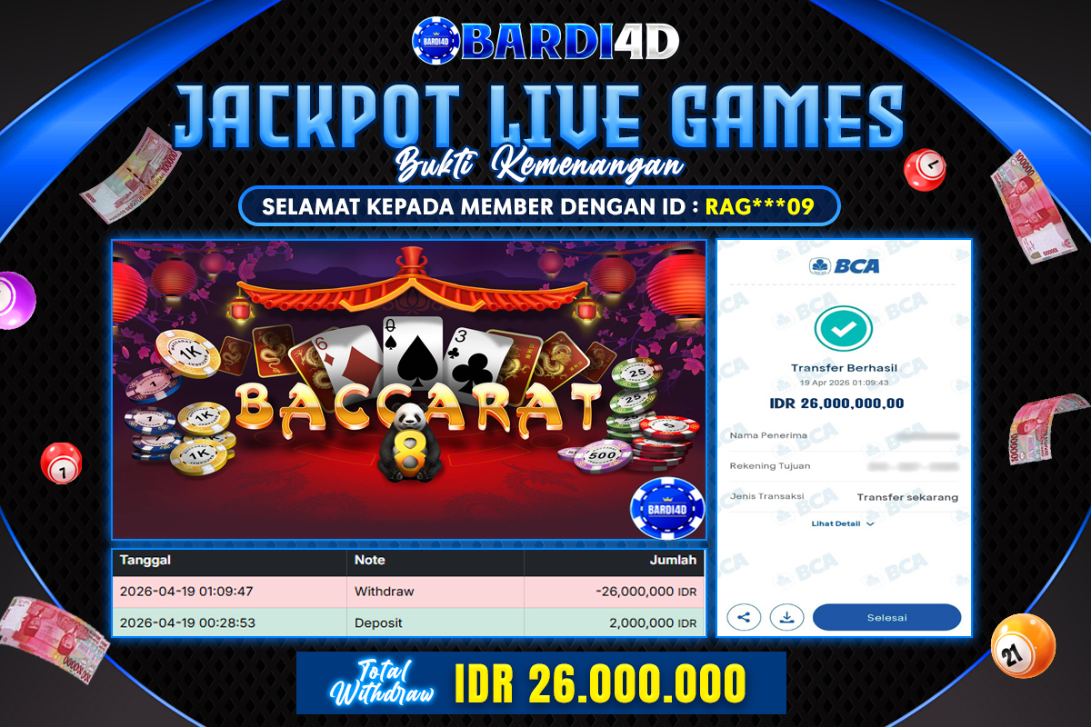 BARDI4D - BAYAR JACKPOT LIVE GAMES BACCARAT TOTAL RP.26.000.000 | DIBAYAR LUNAS