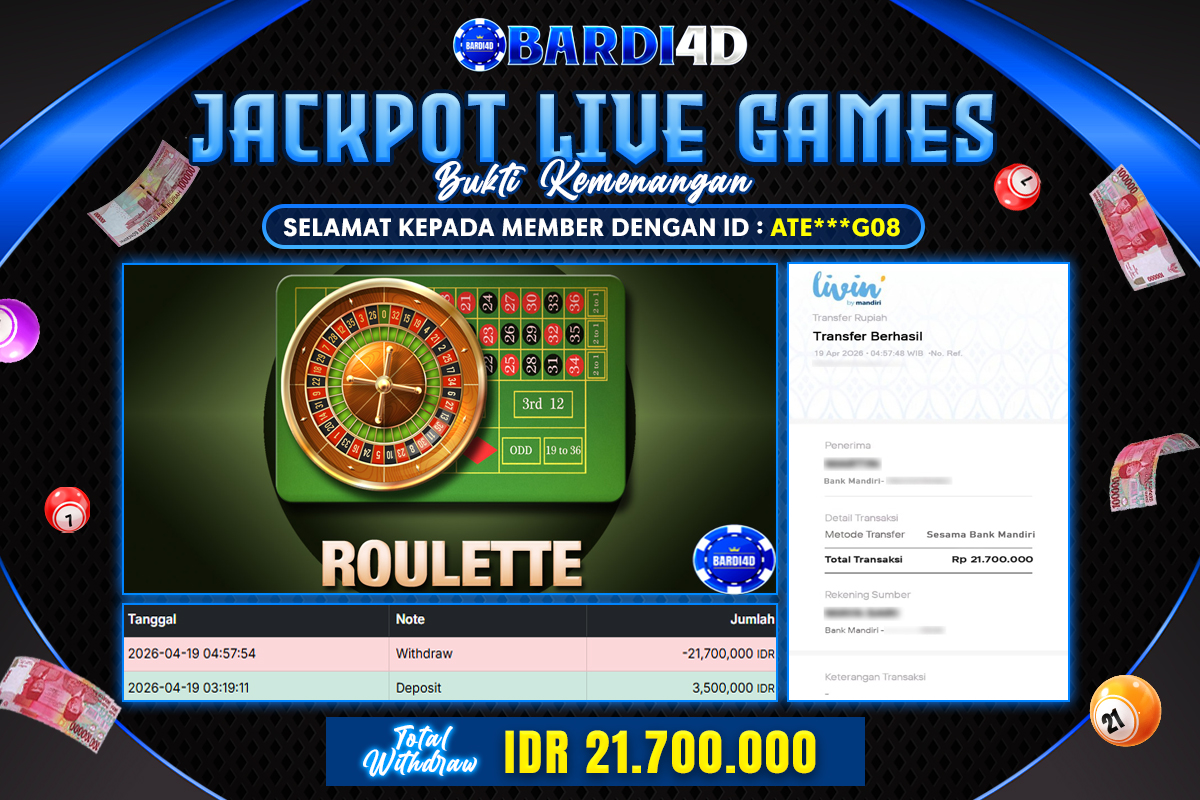 BARDI4D - BAYAR JACKPOT LIVE GAMES ROULETTE TOTAL RP.21.700.000 | DIBAYAR LUNAS