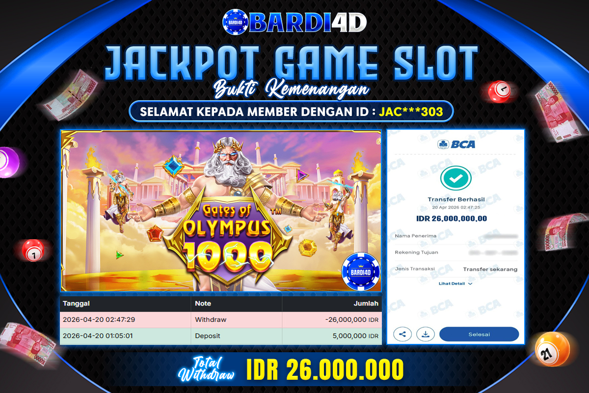 BARDI4D - BAYAR JACKPOT SLOT GATES OF OLYMPUS 1000 TOTAL RP.26.000.000 | DIBAYAR LUNAS