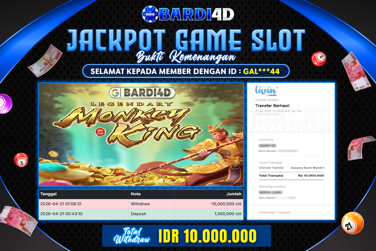 BARDI4D - BAYAR JACKPOT SLOT LEGENDARI MONKEY KING TOTAL RP.10.000.000 | DIBAYAR LUNAS