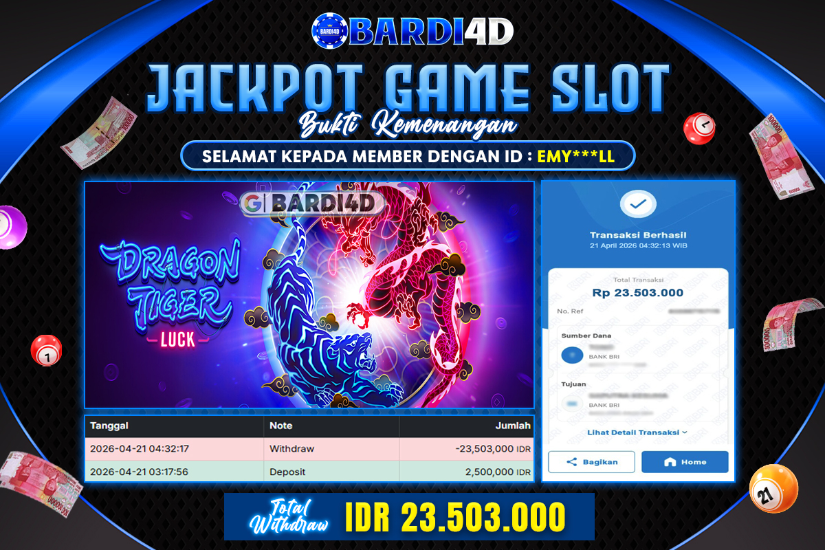 BARDI4D - BAYAR JACKPOT SLOT DRAGON TIGER LUCK TOTAL RP.23.503.000 | DIBAYAR LUNAS