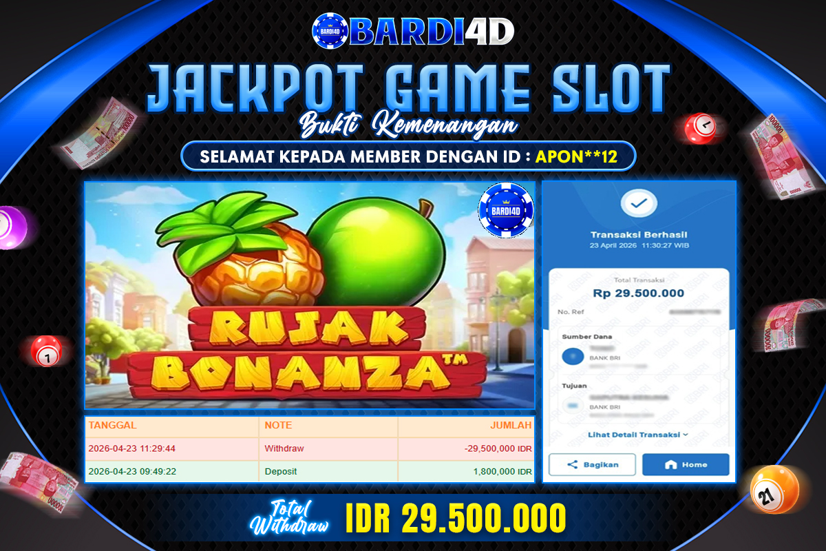 BARDI4D - BAYAR JACKPOT SLOT RUJAK BONANZA TOTAL RP.29.500.000 | DIBAYAR LUNAS