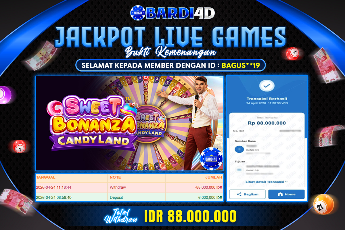 BARDI4D - BAYAR JACKPOT LIVE GAMES SWEET BONANZA CANDYLAND TOTAL RP.88.000.000 | DIBAYAR LUNAS