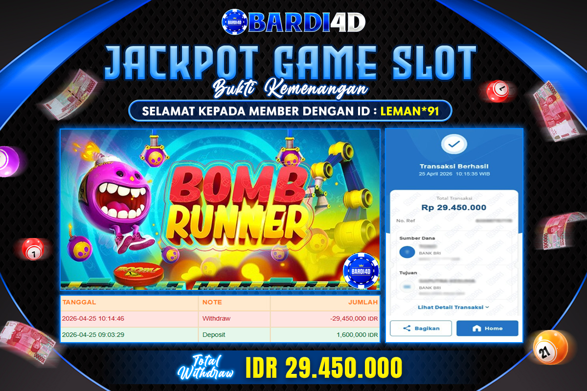 BARDI4D - BAYAR JACKPOT SLOT BOMB RUNNER TOTAL RP.29.450.000 | DIBAYAR LUNAS