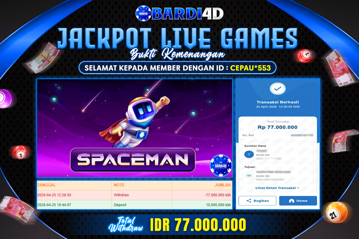BARDI4D - BAYAR JACKPOT LIVE GAMES SPACEMAN RP.77.000.000 | DIBAYAR LUNAS
