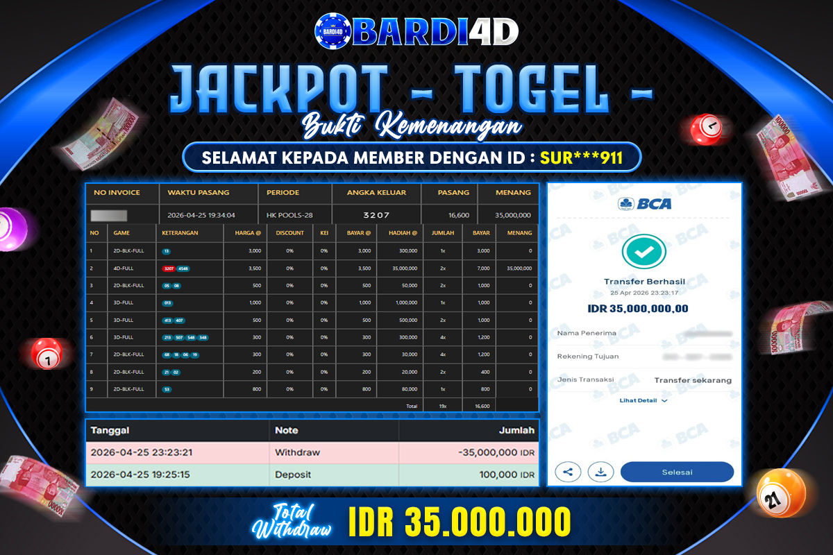 BARDI4D - BAYAR JACKPOT TOGEL HONGKONG POOLS TOTAL RP.35.000.000 | DIBAYAR LUNAS