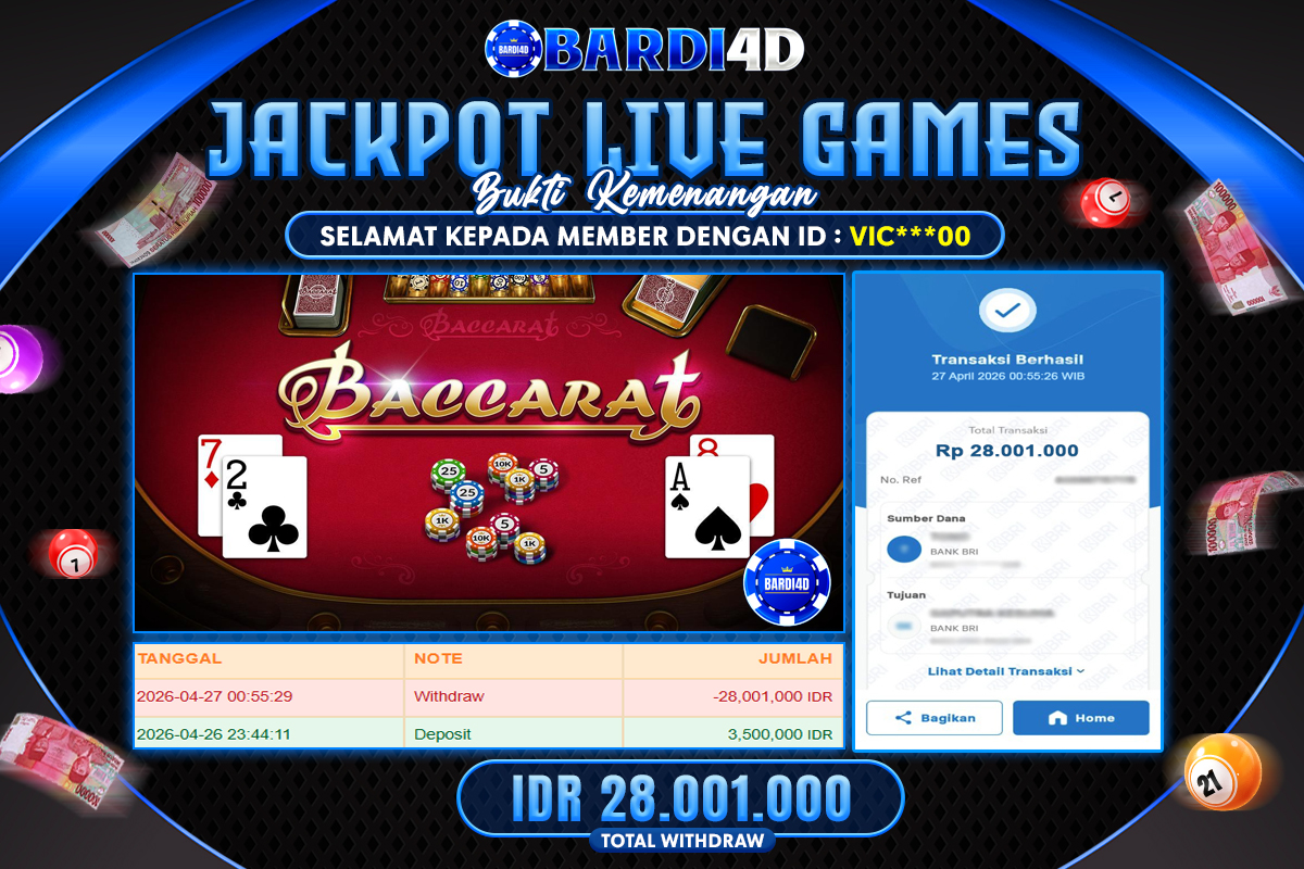 BARDI4D - BAYAR JACKPOT LIVE GAMES BACCARAT TOTAL RP.28.001.000 | DIBAYAR LUNAS