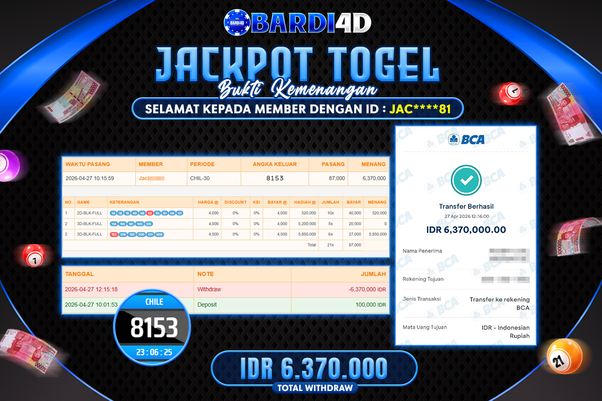BARDI4D - BAYAR JACKPOT TOGEL CHILE TOTAL RP.6.370.000 | DIBAYAR LUNAS