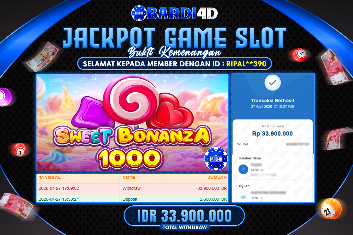 BARDI4D - BAYAR JACKPOT SLOT SWEET BONANZA 1000 RP.33.900.000 | DIBAYAR LUNAS