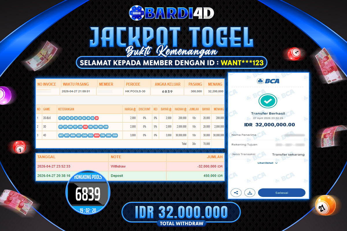 BARDI4D - BAYAR JACKPOT TOGEL HONGKONG POOLS TOTAL RP.32.000.000 | DIBAYAR LUNAS