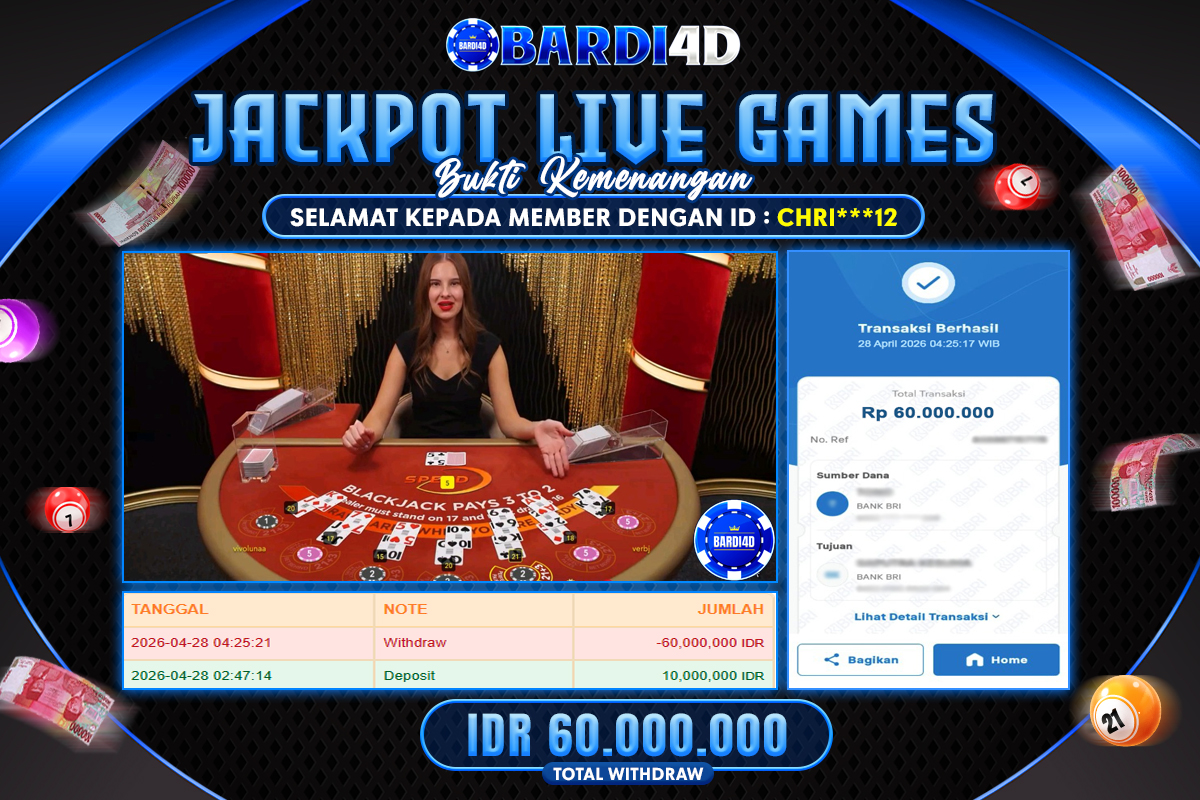 BARDI4D - BAYAR JACKPOT LIVE GAMES SPEED BLACKJACK TOTAL RP.60.000.000 | DIBAYAR LUNAS
