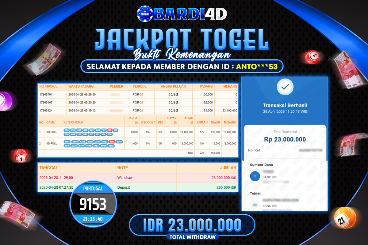 BARDI4D - BAYAR JACKPOT TOGEL PORTUGAL TOTAL RP.23.000.000 | DIBAYAR LUNAS
