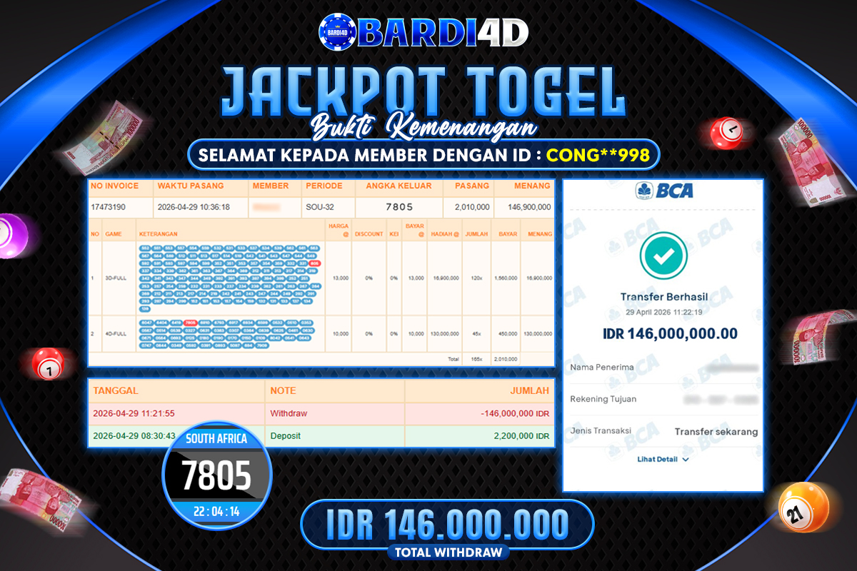 BARDI4D - BAYAR JACKPOT TOGEL SOUTH AFRICA TOTAL RP.146.000.000 | DIBAYAR LUNAS