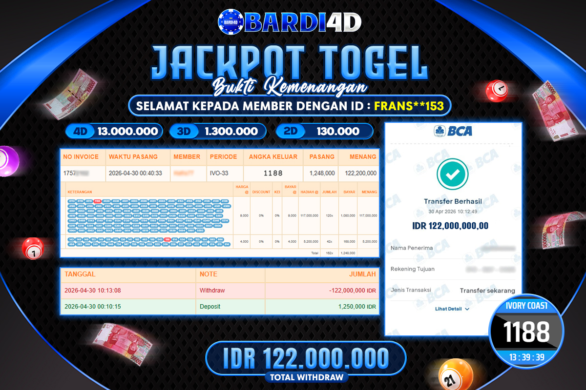 BARDI4D - BAYAR JACKPOT TOGEL IVORY COAST TOTAL RP.122.000.000 | DIBAYAR LUNAS