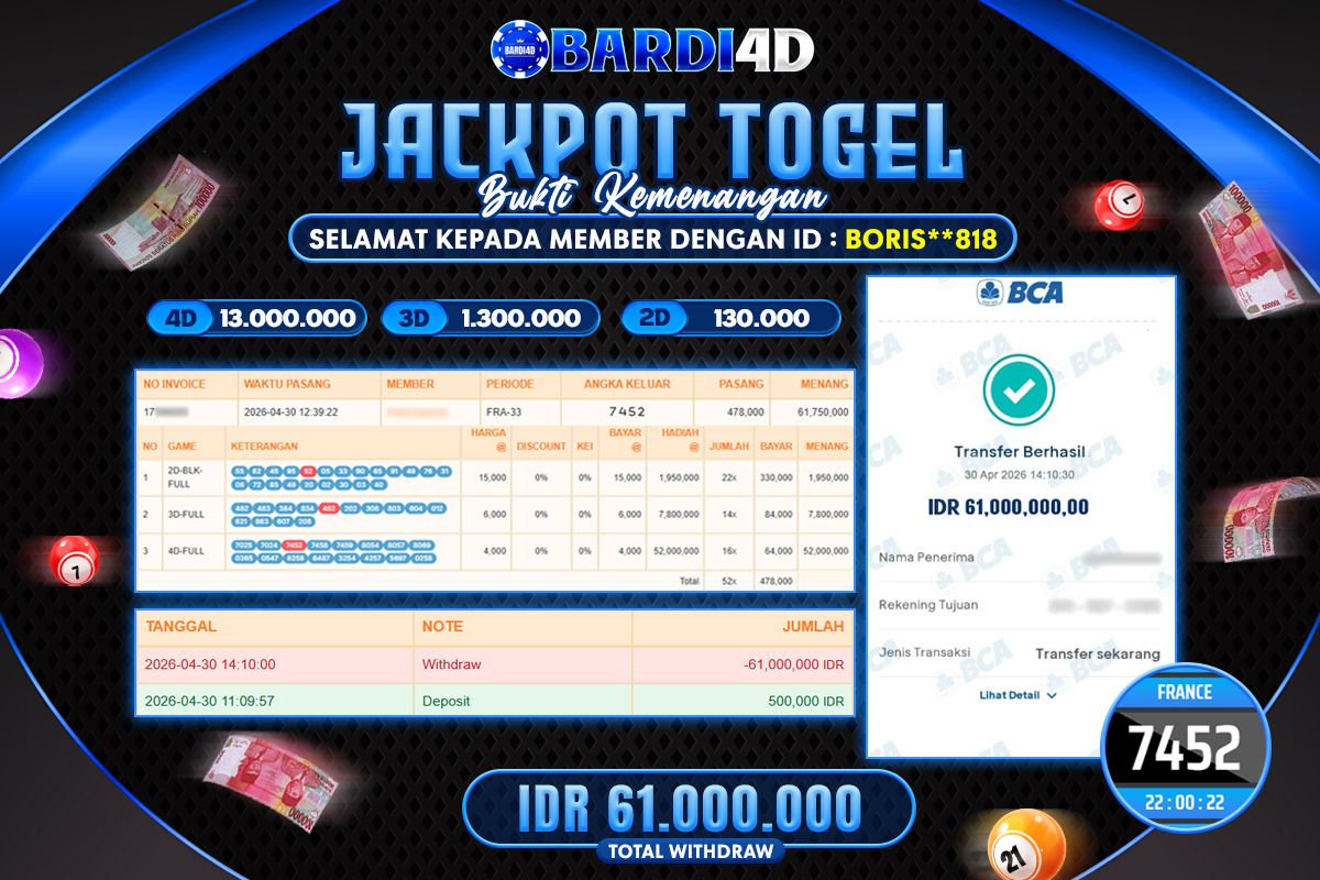 BARDI4D - BAYAR JACKPOT TOGEL FRANCE TOTAL RP.61.000.000 | DIBAYAR LUNAS