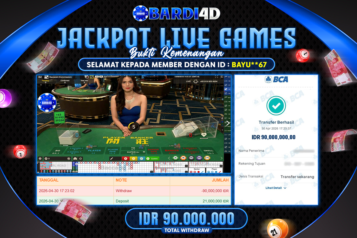 BARDI4D - BAYAR JACKPOT LIVE CASINO BACCARAT TOTAL RP.90.000.000 | DIBAYAR LUNAS
