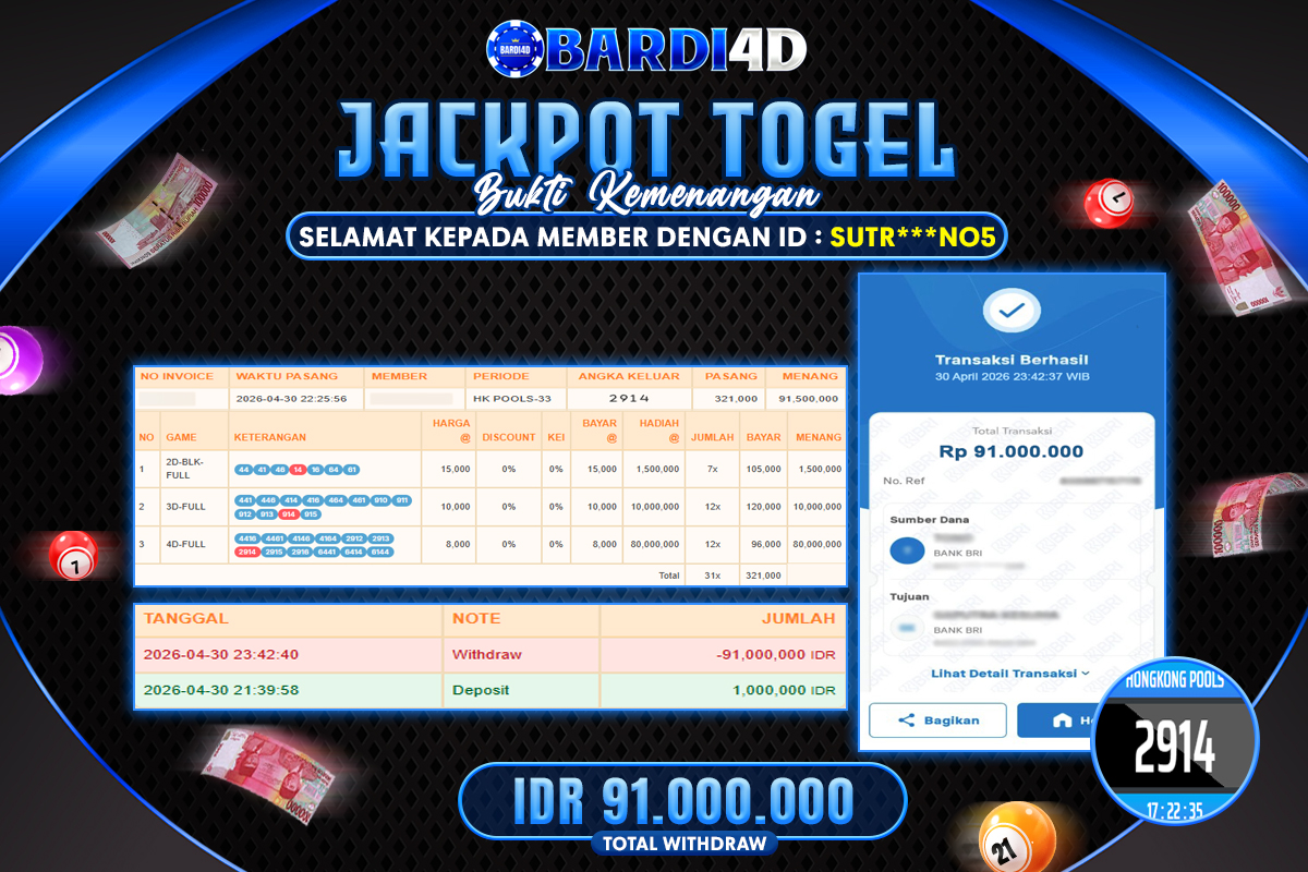 BARDI4D - BAYAR JACKPOT TOGEL HONGKONG POOLS TOTAL RP.91.000.000 | DIBAYAR LUNAS