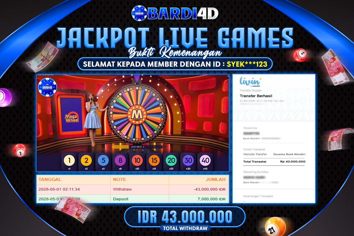 BARDI4D - BAYAR JACKPOT LIVE GAMES MEGA WHEEL TOTAL RP.43.000.000 | DIBAYAR LUNAS