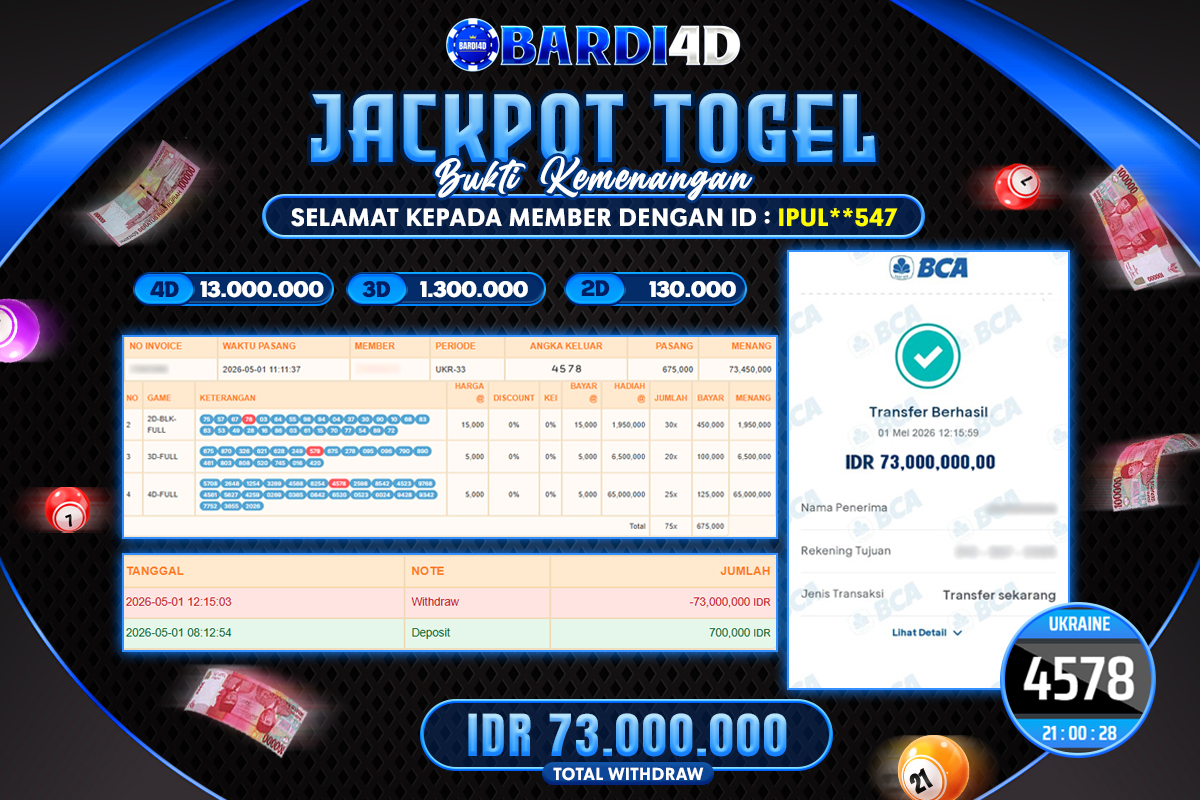 BARDI4D - BAYAR JACKPOT TOGEL UKRAINE TOTAL RP.73.000.000 | DIBAYAR LUNAS
