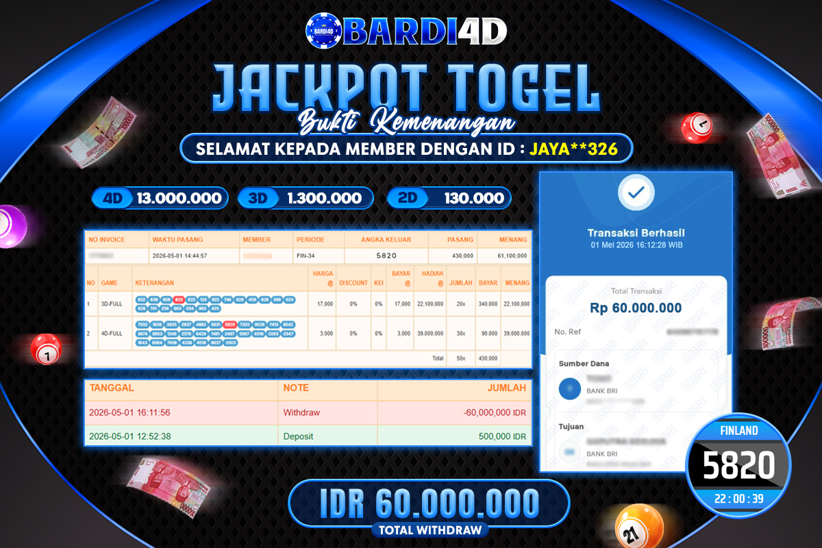 BARDI4D - BAYAR JACKPOT TOGEL FINLAND TOTAL RP.60.000.000 | DIBAYAR LUNAS