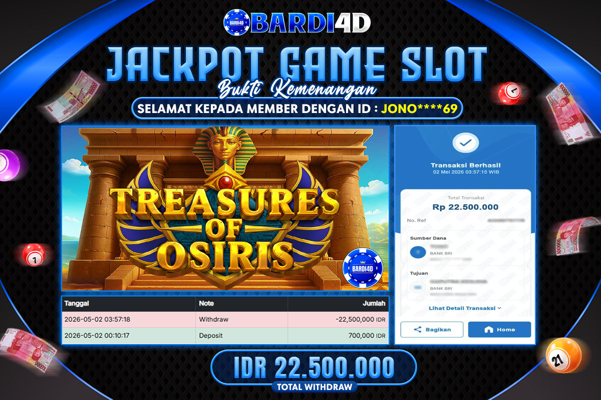 BARDI4D - BAYAR JACKPOT SLOT TREASURES OF OSIRIS TOTAL RP.22.500.000 | DIBAYAR LUNAS