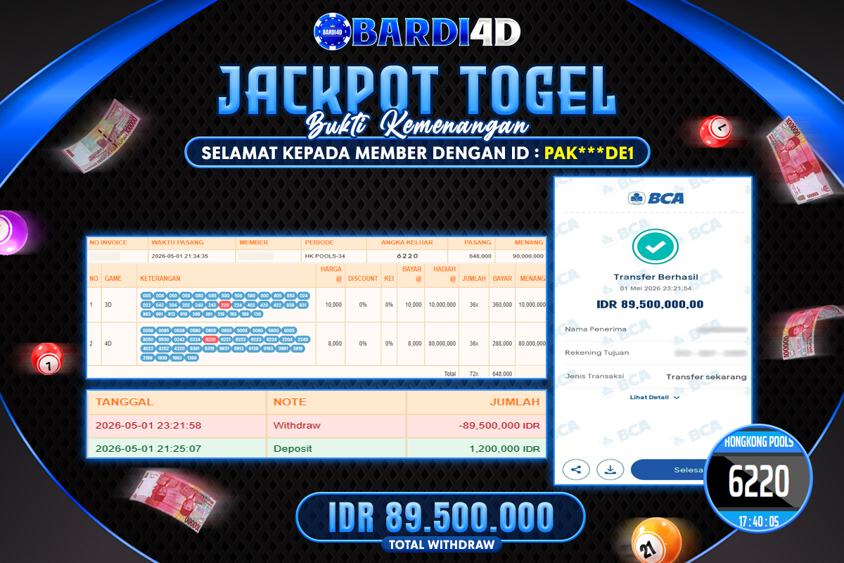 BARDI4D - BAYAR JACKPOT TOGEL HONGKONG POOLS TOTAL RP.89.500.000 | DIBAYAR LUNAS