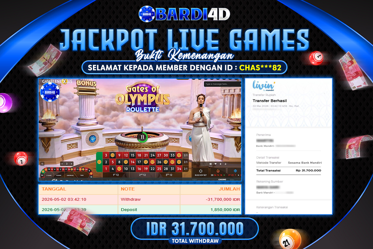 BARDI4D - BAYAR JACKPOT LIVE GAMES GATES OF OLYMPUS ROULETTE TOTAL RP.31.700.000 | DIBAYAR LUNAS