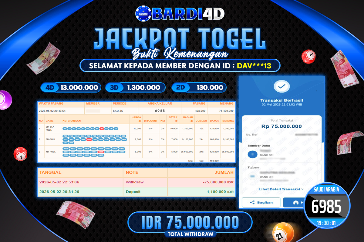 BARDI4D - BAYAR JACKPOT TOGEL SAUDI ARABIA TOTAL RP.75.000.000 | DIBAYAR LUNAS