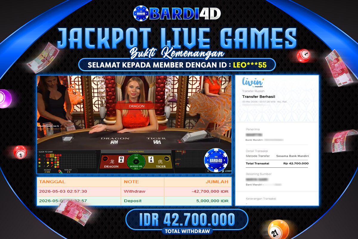 BARDI4D - BAYAR JACKPOT LIVE GAMES DRAGON TIGER TOTAL RP.42.700.000 | DIBAYAR LUNAS