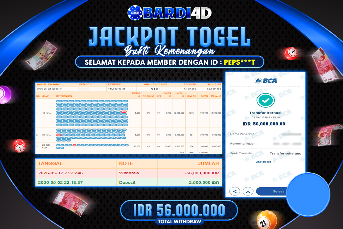 BARDI4D - BAYAR JACKPOT TOGEL TOTO MACAU 5 TOTAL RP.56.000.000 | DIBAYAR LUNAS
