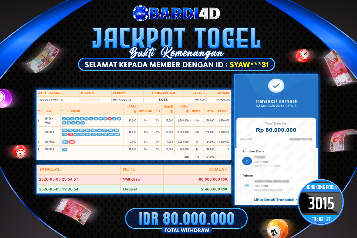 BARDI4D - BAYAR JACKPOT TOGEL HONGKONG POOLS TOTAL RP.80.000.000 | DIBAYAR LUNAS