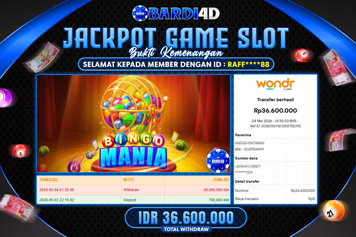 BARDI4D - BAYAR JACKPOT SLOT BINGO MANIA TOTAL RP.36.600.000 | DIBAYAR LUNAS