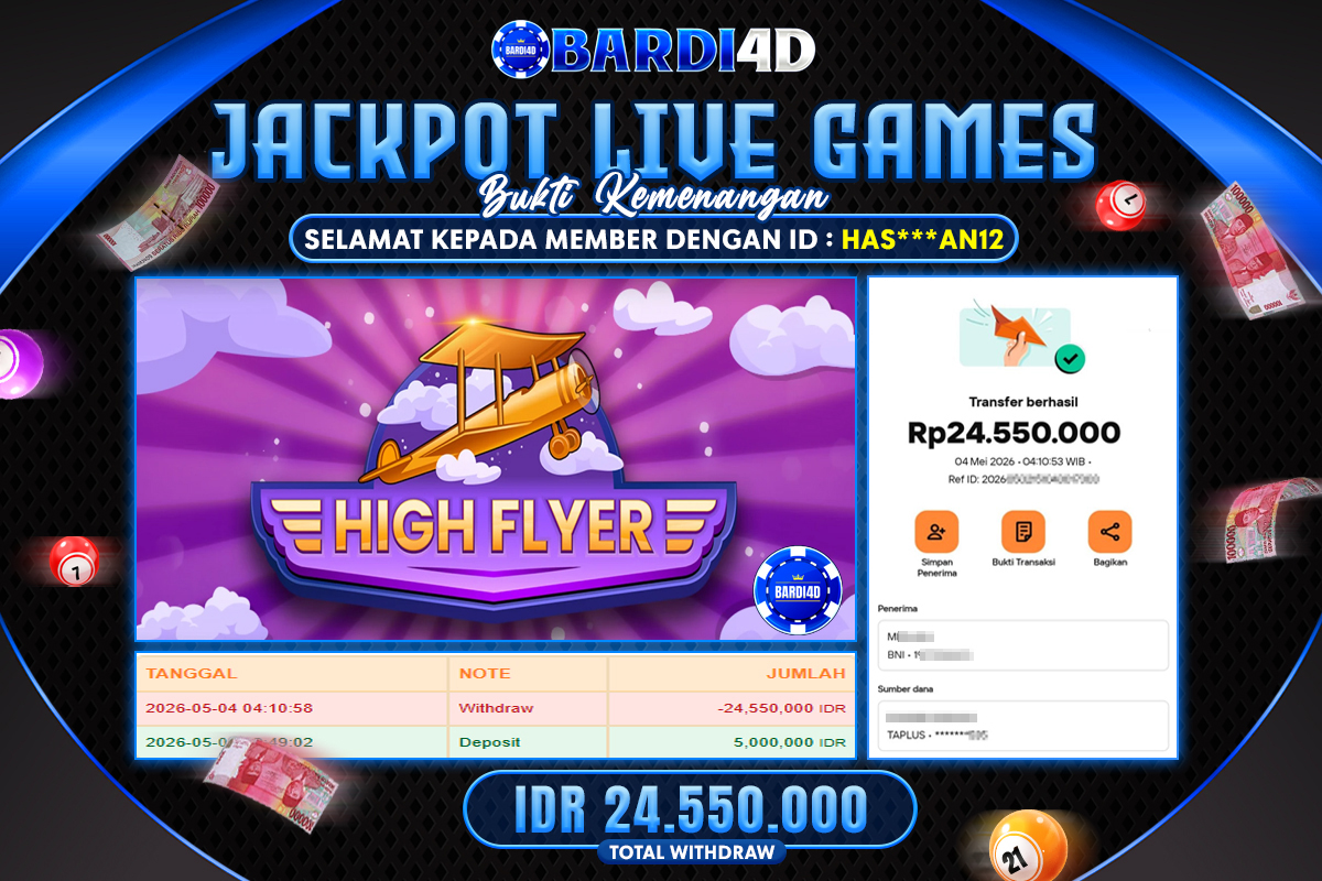 BARDI4D - BAYAR JACKPOT LIVE GAMES HIGH FLYER TOTAL RP.24.550.000 | DIBAYAR LUNAS