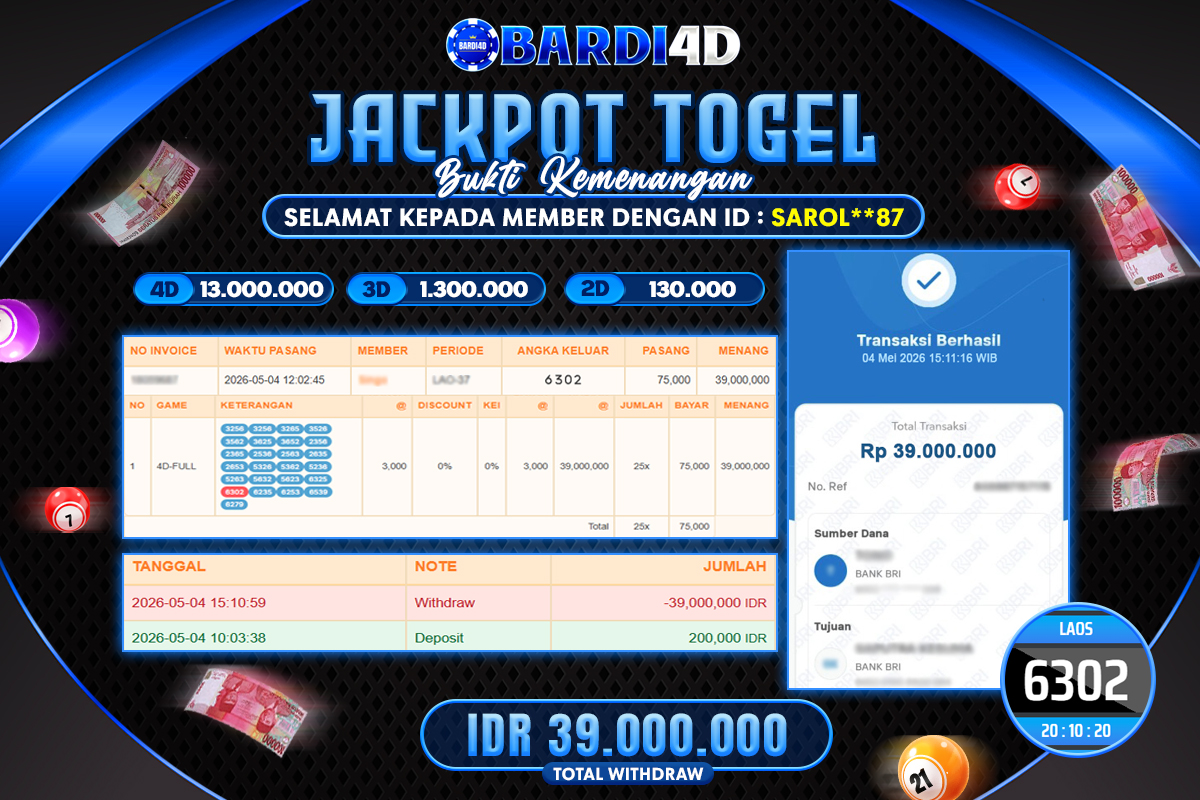 BARDI4D - BAYAR JACKPOT TOGEL LAOS TOTAL RP.39.000.000 | DIBAYAR LUNAS