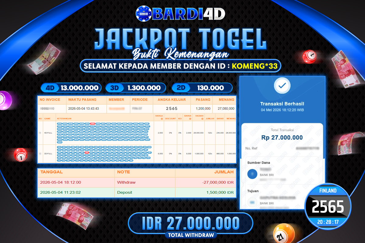 BARDI4D - BAYAR JACKPOT TOGEL FINLAND TOTAL RP.27.000.000 | DIBAYAR LUNAS