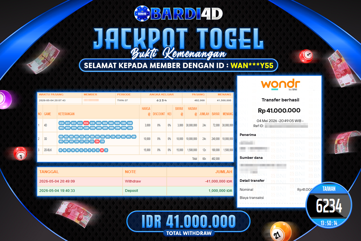 BARDI4D - BAYAR JACKPOT TOGEL TAIWAN TOTAL RP.41.000.000 | DIBAYAR LUNAS