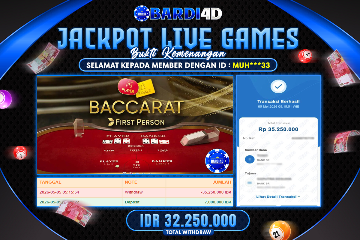 BARDI4D - BAYAR JACKPOT LIVE GAMES BACCARAT TOTAL RP.32.250.000 | DIBAYAR LUNAS