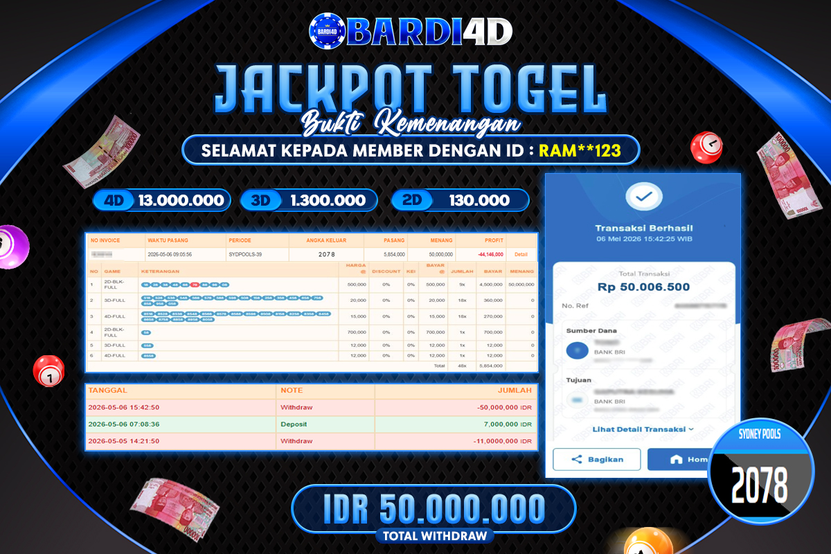 BARDI4D - BAYAR JACKPOT TOGEL SYDNEY POOLS TOTAL RP.50.000.000 | DIBAYAR LUNAS