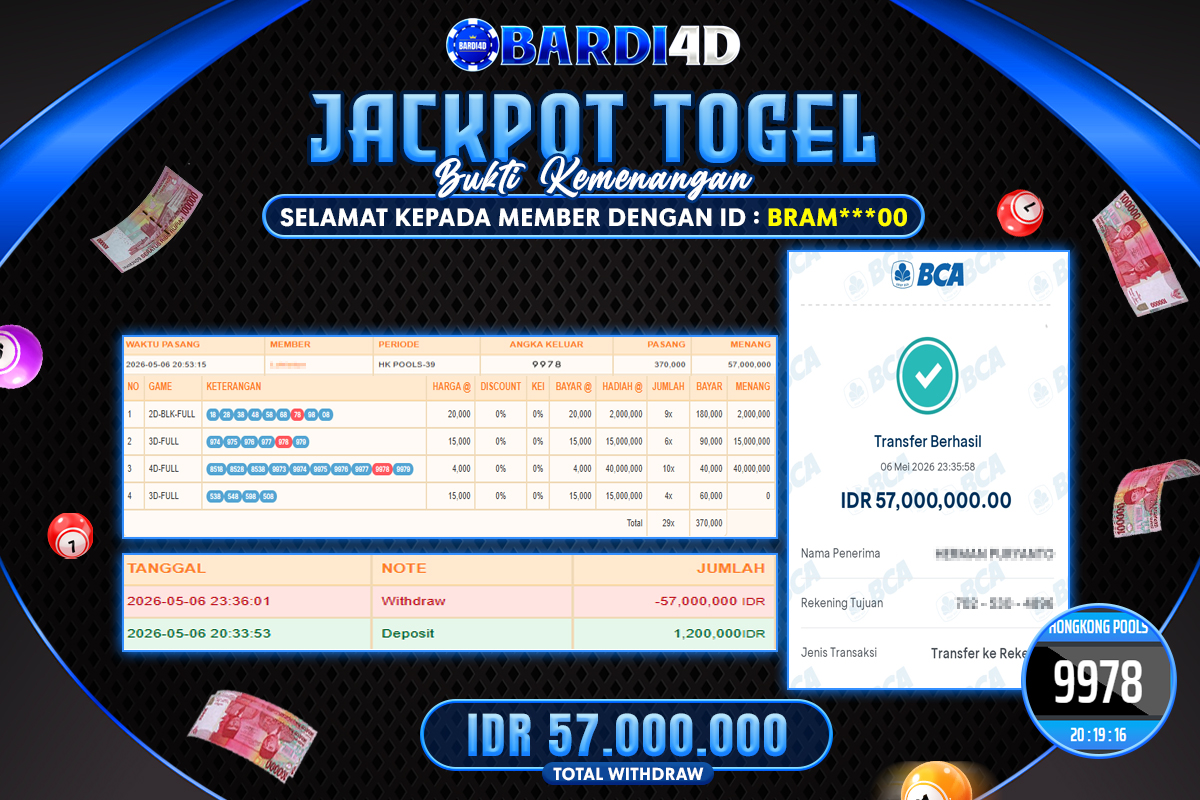 BARDI4D - BAYAR JACKPOT TOGEL HONGKONG POOLS TOTAL RP.57.000.000 | DIBAYAR LUNAS