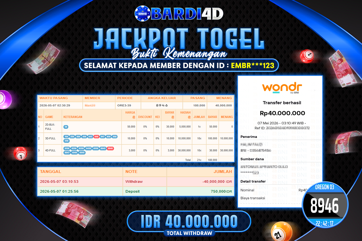 BARDI4D - BAYAR JACKPOT TOGEL OREGON 03 TOTAL RP.40.000.000 | DIBAYAR LUNAS