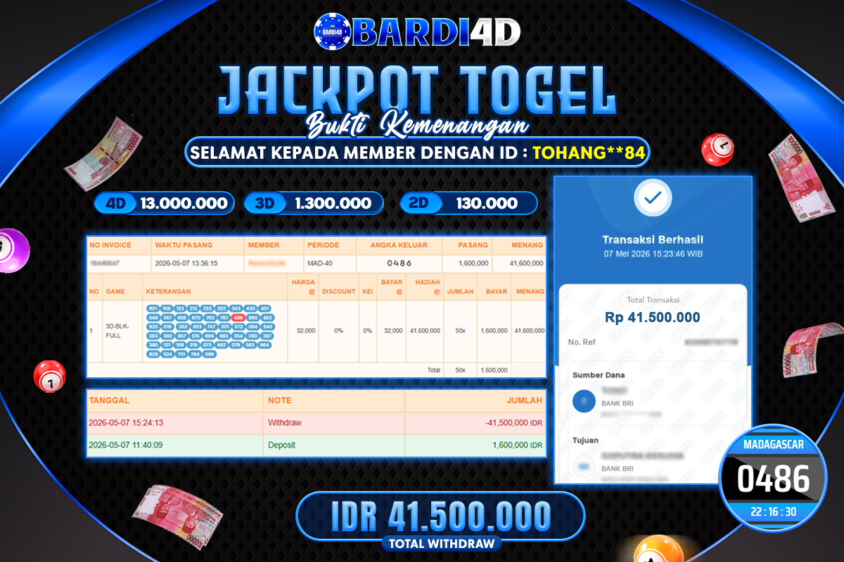 BARDI4D - BAYAR JACKPOT TOGEL MADAGASCAR RP.41.500.000 | DIBAYAR LUNAS