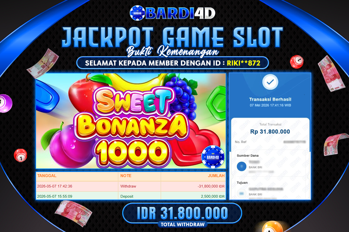 BARDI4D - BAYAR JACKPOT SLOT SWEET BONANZA 1000 TOTAL RP.31.800.000 | DIBAYAR LUNAS