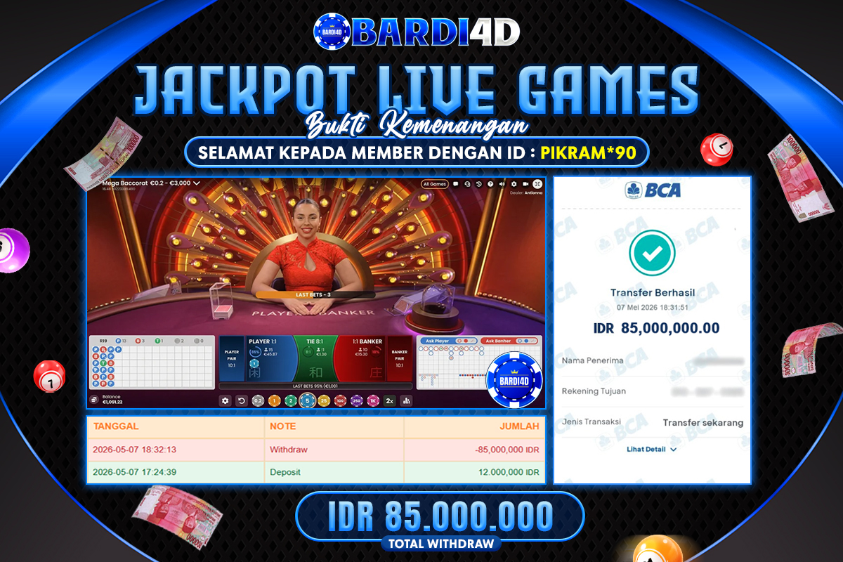 BARDI4D - BAYAR JACKPOT LIVE GAMES BACCARAT TOTAL RP.85.000.000 | DIBAYAR LUNAS