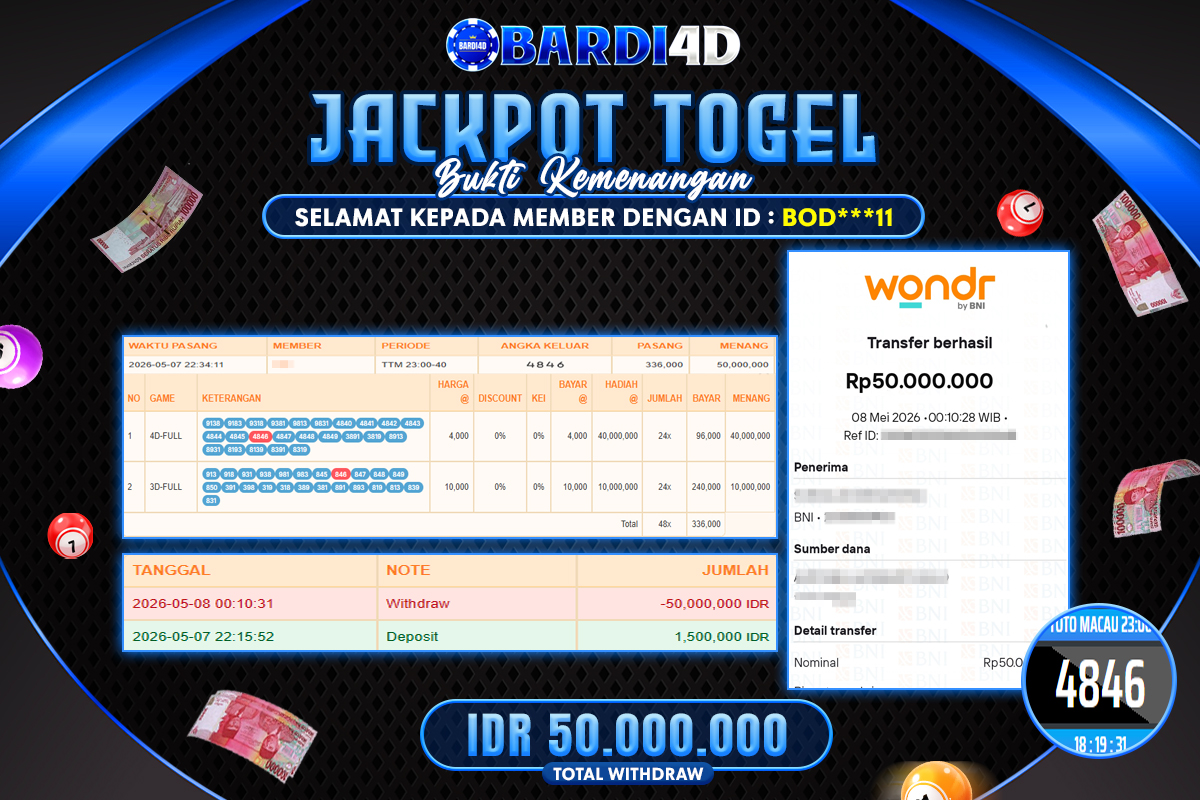 BARDI4D - BAYAR JACKPOT TOGEL TOTO MACAU 5 TOTAL RP.50.000.000 | DIBAYAR LUNAS