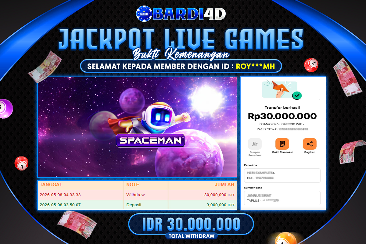 BARDI4D - BAYAR JACKPOT LIVE GAMES SPACEMAN TOTAL RP.30.000.000 | DIBAYAR LUNAS